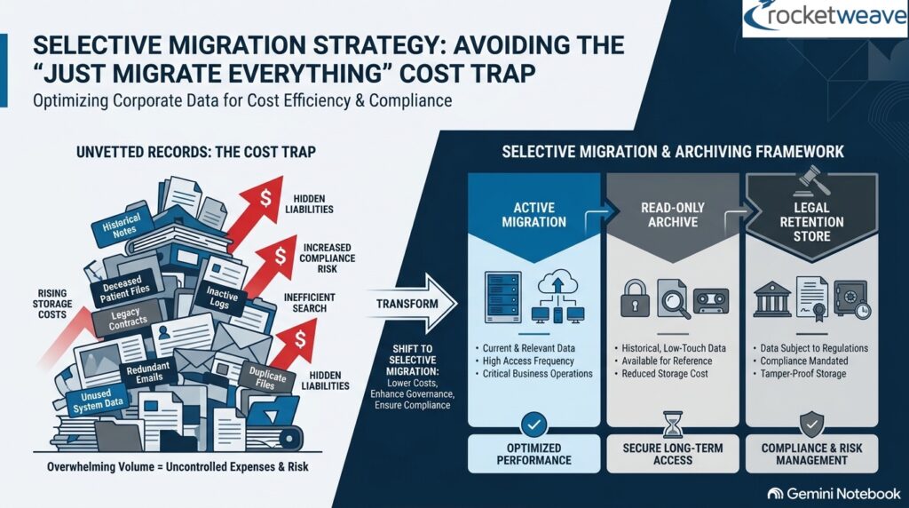Selective migration strategy: unvetted legacy records create a cost trap; instead migrate active data, keep history in a read-only archive, and hold regulated records in a legal retention store.