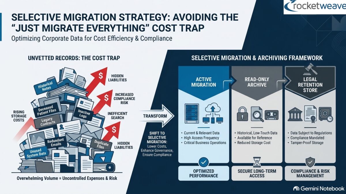 Selective migration strategy: unvetted legacy records create a cost trap; instead migrate active data, keep history in a read-only archive, and hold regulated records in a legal retention store.